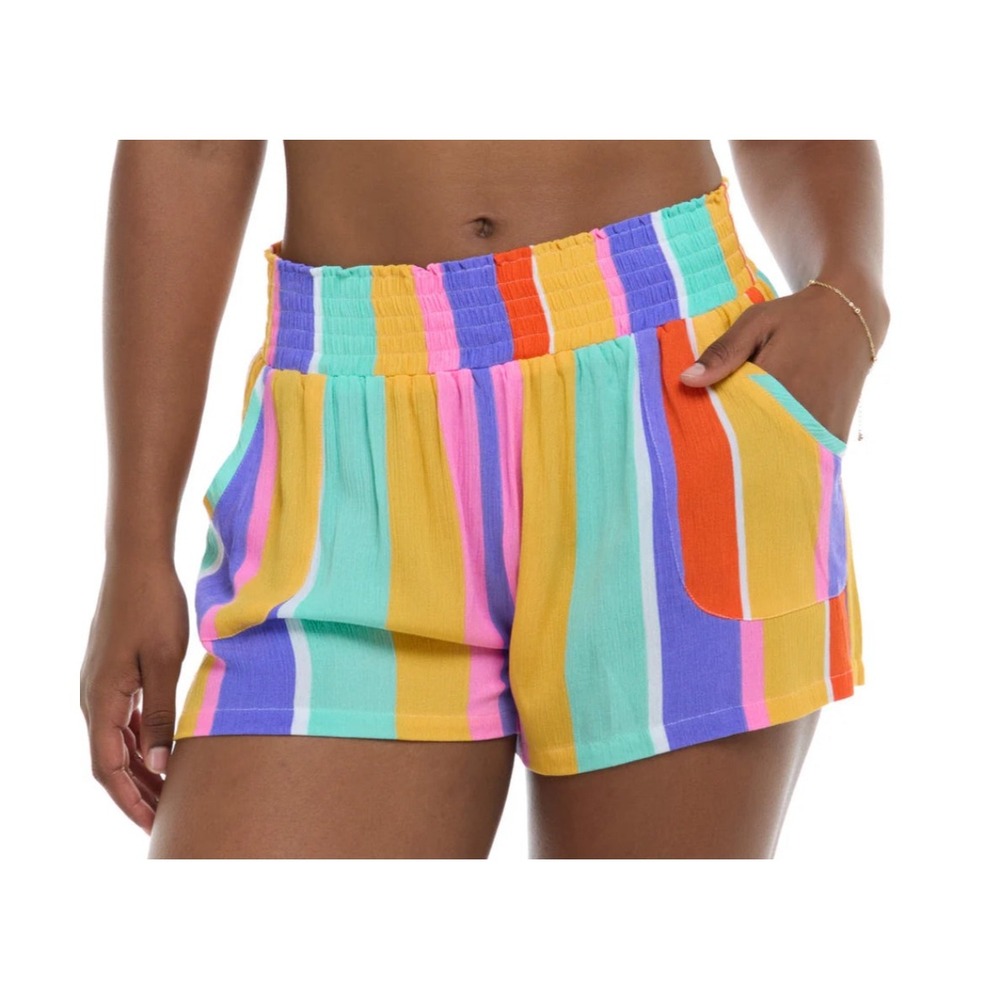 Body Glove Florette Print Smocked Waist Shorts Yellow Purple Blue Pink XS TP‎